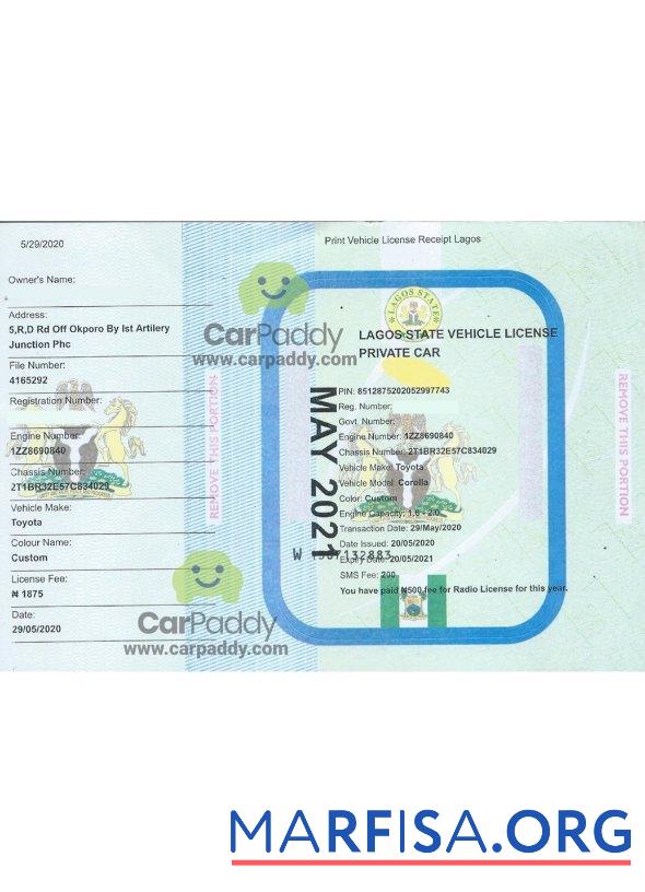 Blank Lagos vehicle registration certificate sample